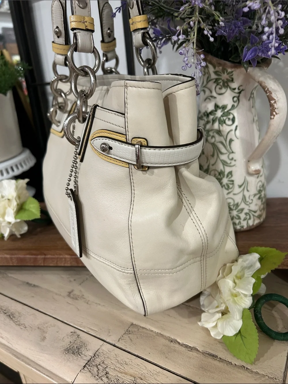 Coach Cream Leather Shoulder Tote with Yellow Accents